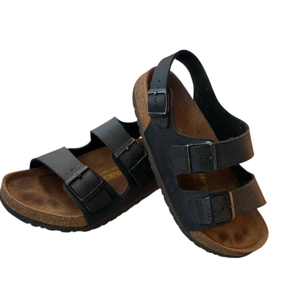 Birkenstock Mens 8 Women’s 10 Black and Brown Pebbled Leather Sandals 2 Strap